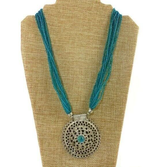 Tanjore India Turquoise Colored Necklace With Silver Medallion 15" - Picture 1 of 8